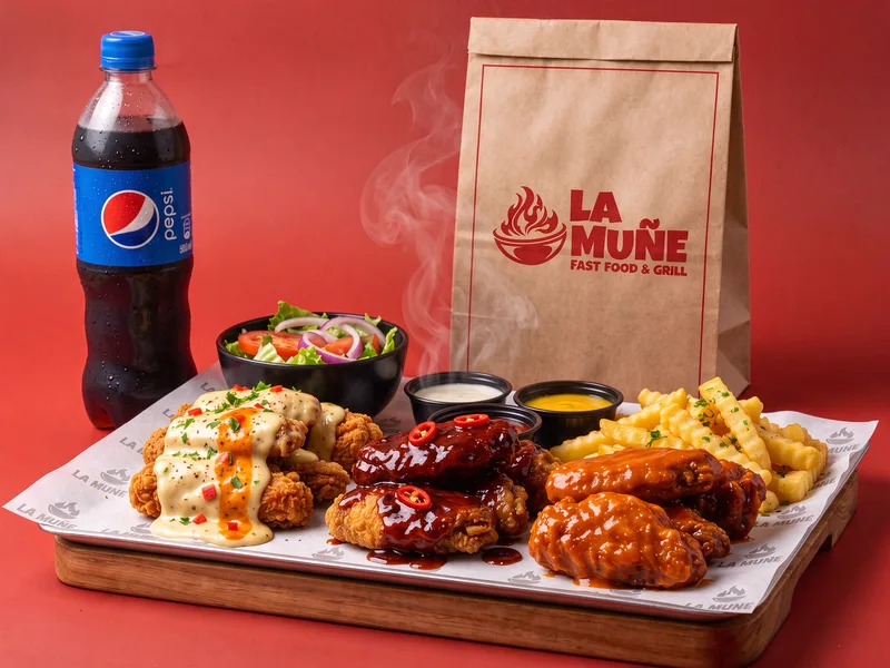 Trilogía Fuego de La Muñe: alitas en BBQ Picante, Acevichada Picante y Búfalo
