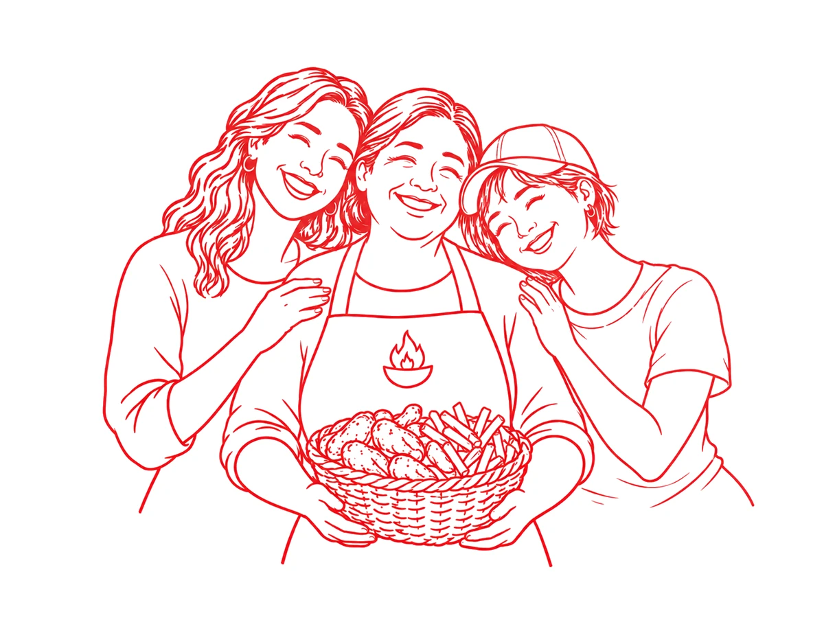 Ilustración de La Muñe, la mamá, sonriendo con sus dos hijas y una canasta de alitas