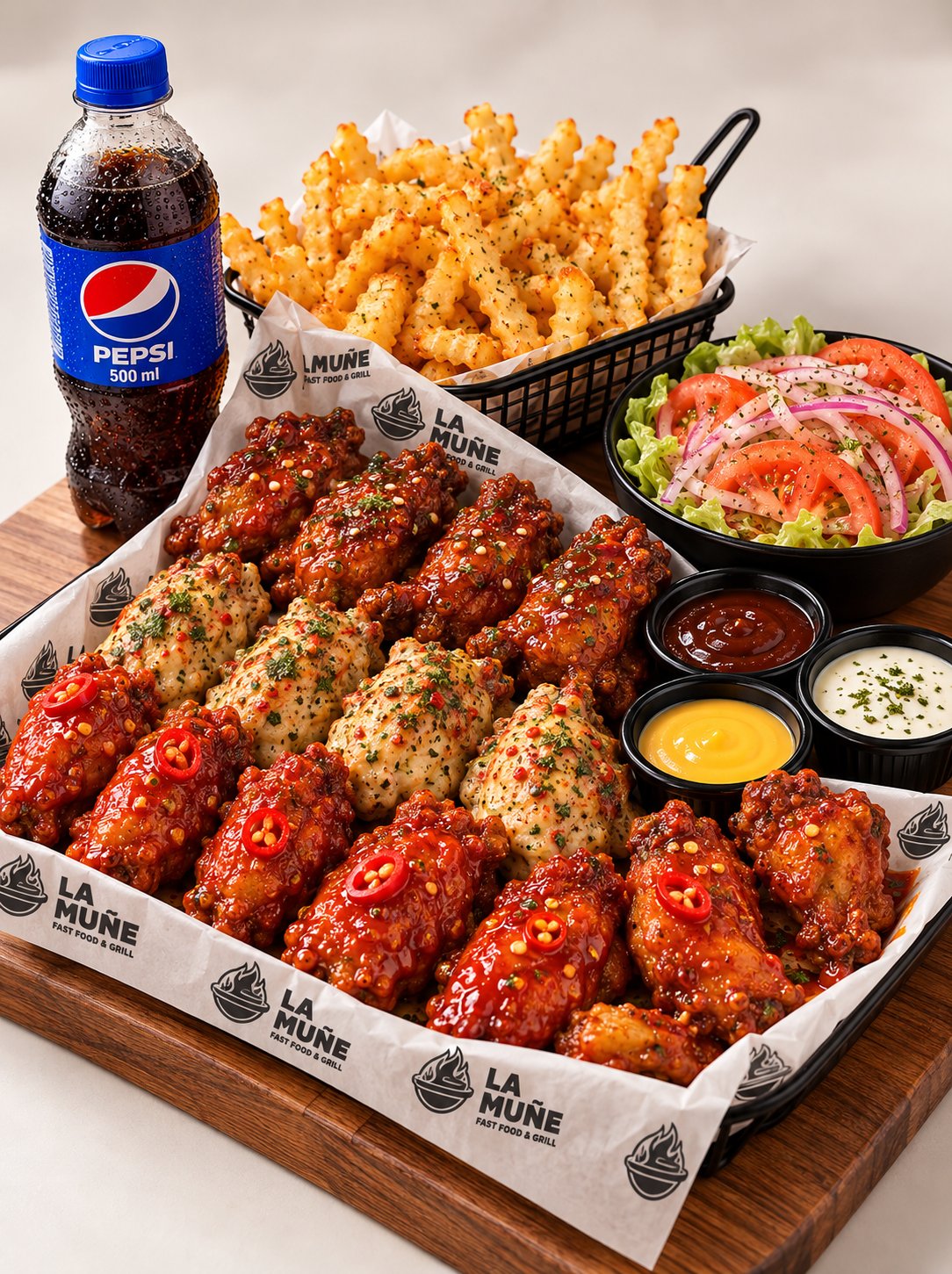 La Trilogía de La Muñe: alitas en tres salsas, papas fritas y gaseosa Pepsi 500 ml
